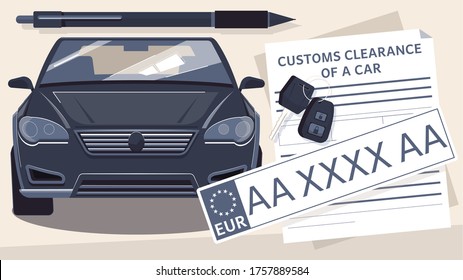 Car registration flat composition with images of automobile with european license plate and customs clearance agreement vector illustration