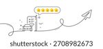 Car registration line icon. Continuous line with share plane. Online warranty sign. Mobile phone app symbol. Five star rate review in speech bubble. Car registration single line ribbon. Vector