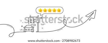 Car registration line icon. Continuous line with share plane. Online warranty sign. Mobile phone app symbol. Five star rate review in speech bubble. Car registration single line ribbon. Vector