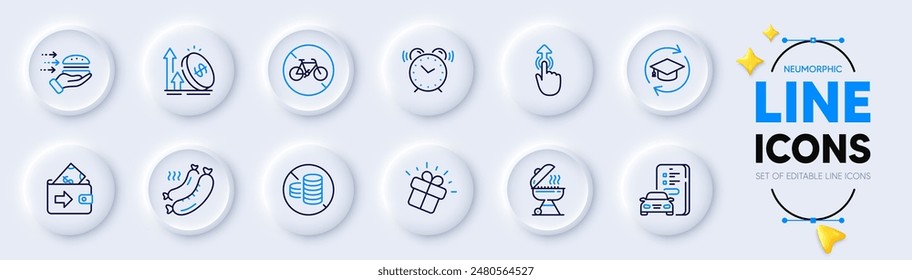 Car registration, No cash and Grill line icons for web app. Pack of Excise duty, Swipe up, Gift pictogram icons. Continuing education, Wallet, Alarm clock signs. Grilled sausage. Vector