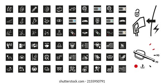 Car Related Sign-information 60 Large Icon Set. Modern Smart Vehicle Icons. Car Warning Signs. Linear Original Logo. Simple Outline Style Sign Icon. Vector Illustration. EPS 10