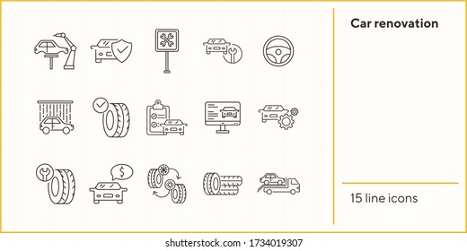 Car renovation icons. Set of line icons. Evacuation, car fix, tyres. Car repair concept. Vector illustration can be used for topics like car service, business, advertising