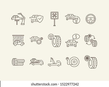 Car Renovation Line Icons. Set Of Line Icons. Robot, Car Shower, Changing Tyres. Car Repair Concept. Vector Illustration Can Be Used For Topics Like Car Service, Business, Advertising