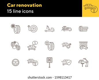Car renovation line icons. Set of line icons. Robot, car shower, changing tyres. Car repair concept. Vector illustration can be used for topics like car service, business, advertising