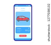 Car rent app interface vector template. Mobile app interface blue design layout. Smartphone car rental service. Carpooling. Flat UI. Phone display with compact automobile price