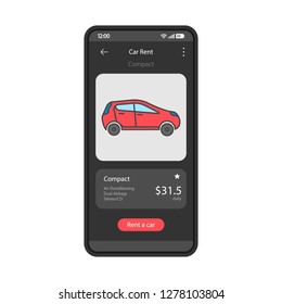 Car rent app interface vector template. Mobile app interface black design layout. Smartphone car rental service. Carpooling. Flat UI. Phone display with compact automobile price
