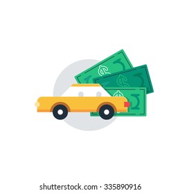 Car Rent, Auto Car Expenses, Vehicle Tax Payment, Bonus Money, Vector Flat Illustration