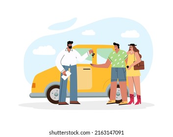 Car rent, automobile leasing. Clients choosing personal transport for travel. Auto dealership. Rental car service, budget car rental. The dealer gives the man and woman the keys to the car.