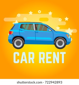 Car rent. Blue suv on yellow background. Vector illustration banner rent car