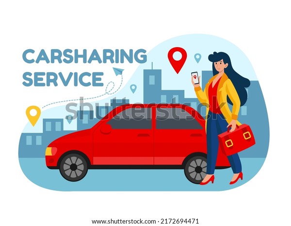 Car\
rent. Carsharing service. Smartphone application. Auto parking.\
Driver share automobile app website page. Map navigation pin. Woman\
with mobile street taxi. Vector rental\
transport