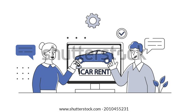 Car rent concept. Man rented a car for a few\
days. Woman passes the keys into the hands of the buyer. Traveling\
in an unfamiliar city. Cartoon flat vector illustration isolated on\
a white background