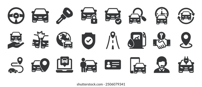 Colección de iconos sólidos de glifo de alquiler de coches. Contenido: taxi, concesionario, automóvil, concesionario. Icono mínimo y Ilustración vectorial de la serie de símbolos