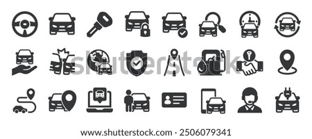 Car rent glyph solid icons collection. Containing content taxi, dealer, automobile, dealer. Minimal icon and symbol series vector illustration