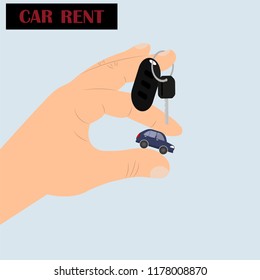 Car rent. Hand holds small car and keys. Modern flat style vector illustration isolated on biue background.
