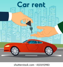 Car Rent. Hand Passing Keys. Automobile Dealer. Vector illustration