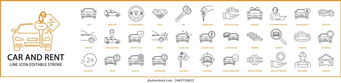 Mietwagen-Symbole. Mietwagen-Linie Symbole. Mietwagen-Icon-Set. Vektorillustration. Bearbeitbarer Strich.	