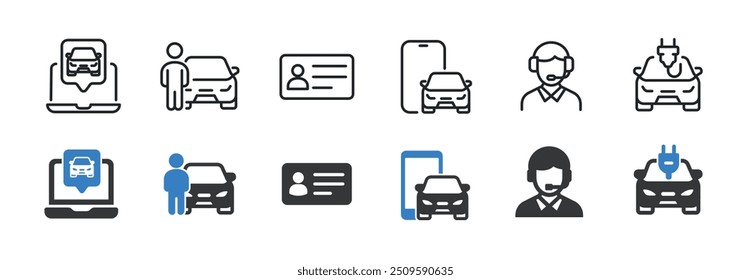 Car rent line and glyph solid icons collection. Minimal icon and symbol series vector illustration