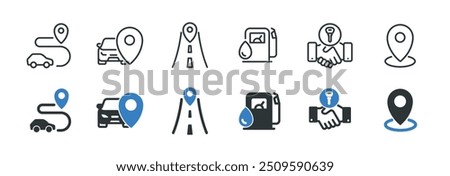 Car rent line and glyph solid icons collection. Minimal icon and symbol series vector illustration