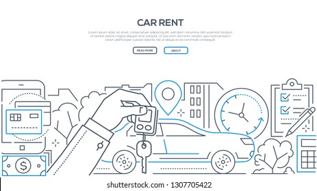 Car rent - modern line design style banner on white background with copy space for text. A composition with a vehicle, hand holding key, timer, geo location, check list, ways of payment