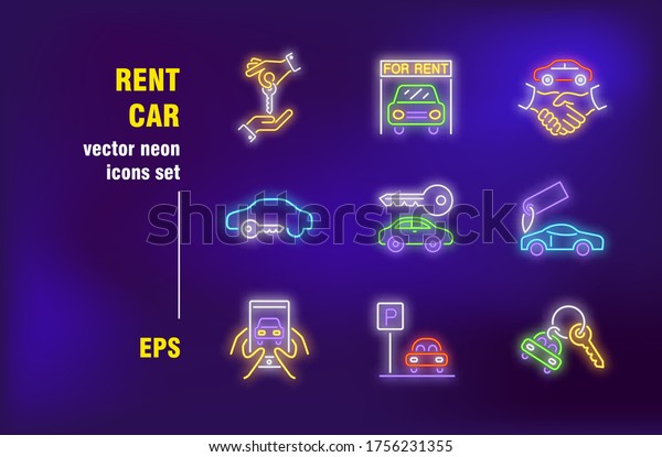 Car\
rent neon signs set. Service, car sharing, vehicle, transportation,\
giving key, parking. Night bright advertising. Vector illustration\
in neon style for banners, posters, flyers\
design
