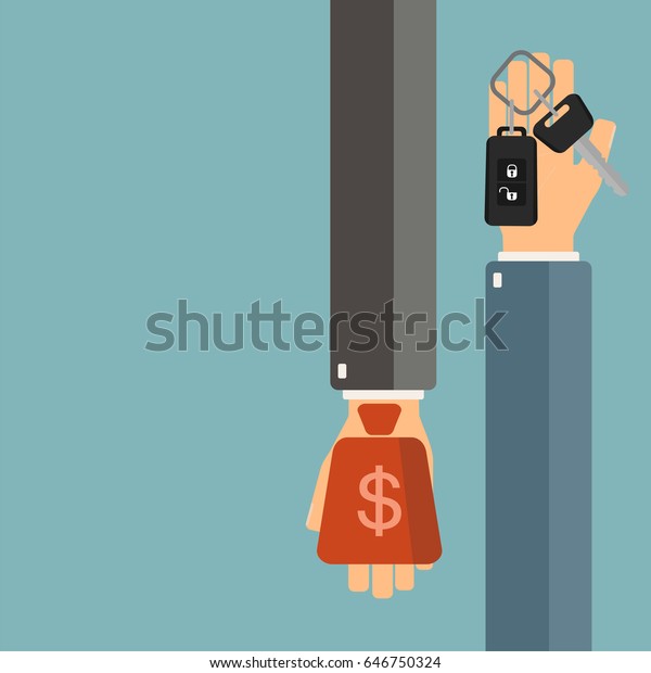 Car rent or
sale concept. Buying new car. Hand of agent hold a car key, client
hand hold money. Vector illustration.
