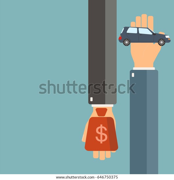 Car rent or\
sale concept. Buying new car. Hand of agent hold a car, client hand\
hold money. Vector illustration.\

