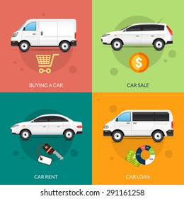 Car rent and sale design concept set with flat auto icons isolated vector illustration