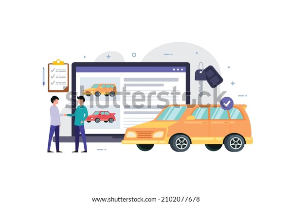 Car Rent
Service Flat Design Man Person Meet, Smiling And Hand Shake Near
Yellow Rental Car vector
illustration