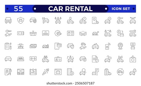 Car and rent simple minimal thin line icons. Related car rent, repair, transport, travel. Car dealer, vehicle and automobile industry related outline icons set.

