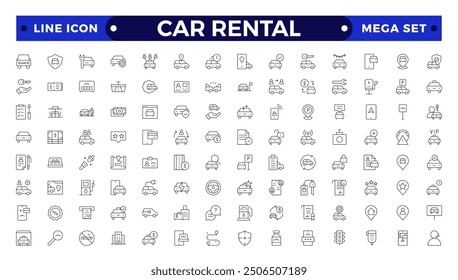 Car and rent simple minimal thin line icons. Related car rent, repair, transport, travel. Car dealer, vehicle and automobile industry related outline icons set.
