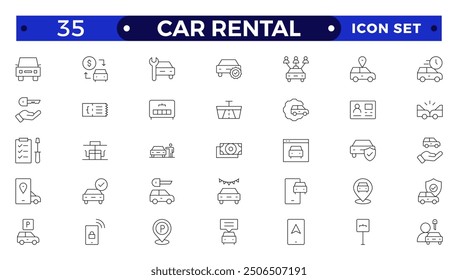 Car and rent simple minimal thin line icons. Related car rent, repair, transport, travel. Car dealer, vehicle and automobile industry related outline icons set.
