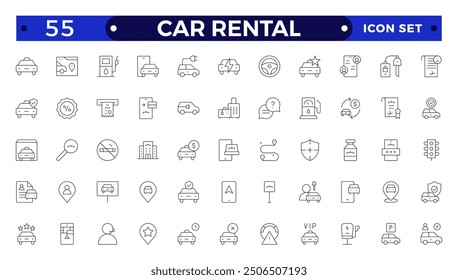 Car and rent simple minimal thin line icons. Related car rent, repair, transport, travel. Car dealer, vehicle and automobile industry related outline icons set.
