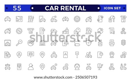 Car and rent simple minimal thin line icons. Related car rent, repair, transport, travel. Car dealer, vehicle and automobile industry related outline icons set.
