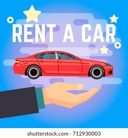 Car rent vector illustration. Hand with flat-style red car on blue background, Rent car template banner
