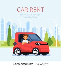Car rent vector illustration. Red car with driver. City on the background.
