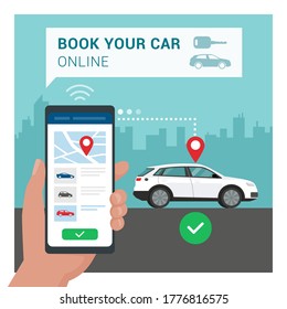 Aplicación de alquiler de coches: coche estacionado en la calle de la ciudad, hombre sujetando un smartphone y reservando el vehículo