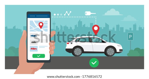 Car rental app: car parked on the\
city street, man holding a smartphone and booking the\
vehicle