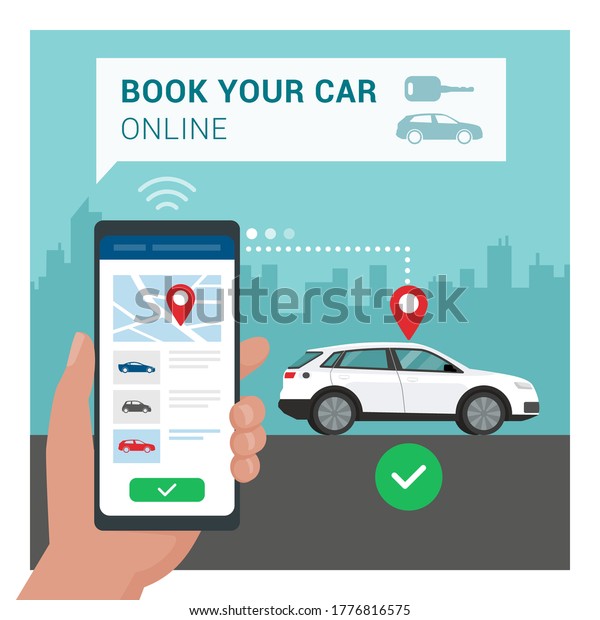Car rental app: car parked on the
city street, man holding a smartphone and booking the
vehicle