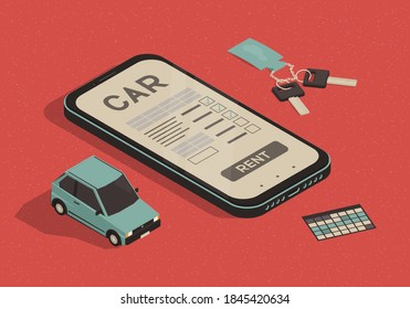 Car rental application. Isometric illustration with smartphone and car