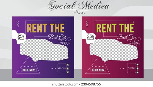  Car rental banner with purple and red colore. square banner template marketing a car.
