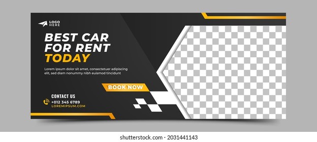Car rental banner template design. Black background with yellow shape element. Also usable for cover, header, web, and banner.