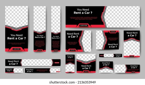 Car Rental banners design web template Set, Horizontal header web banner. Gradient black and red. cover header background for website design, Social Media Cover ads banner, flyer, invitation card