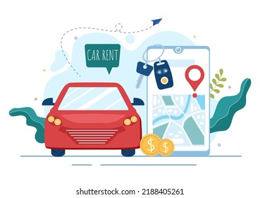 Car Rental, Booking Reservation and Sharing using Service Mobile Application with Route or Points Location in Hand Drawn Cartoon Flat Illustration