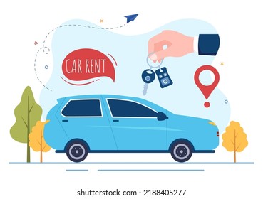 Car Rental, Booking Reservation and Sharing using Service Mobile Application with Route or Points Location in Hand Drawn Cartoon Flat Illustration