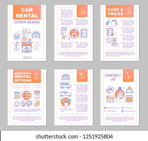 Car rental brochure template layout. Rent a car. Auto leasing options, pricing. Flyer, booklet, leaflet print design with linear illustrations. Vector page layouts for magazines, reports, posters