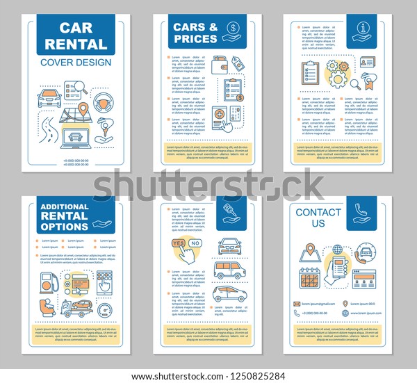 Car rental brochure template layout. Rent a car.\
Auto leasing options, pricing. Flyer, booklet, leaflet print design\
with linear illustrations. Vector page layouts for magazines,\
reports, posters