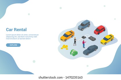 car rental business concept with various cars model and paper contract with team people with modern isometric style for website template or landing homepage - vector