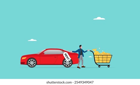 car rental business to make money, businessman standing next to his rental business car with lots of coins in the shopping basket