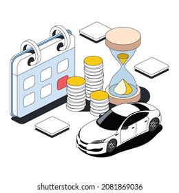 Car rental, coins and hourglass, calendar. Vector 3d sketch line isometric style, color icon illustration. Creative design idea and infographics elements.