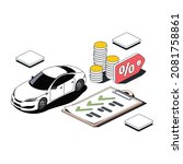 Car rental, coins interest, clipboard document checkmark. Vector 3d sketch line isometric style, color icon illustration. Creative design idea and infographics elements.